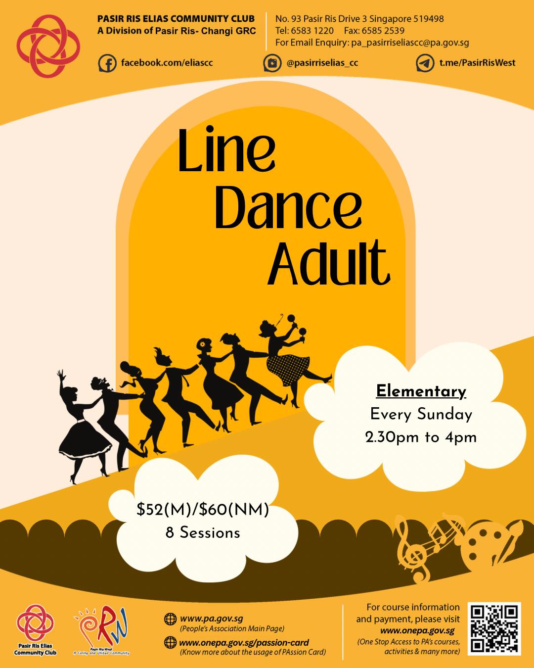 An energetic group of adults performing line dance steps in a community center setting.