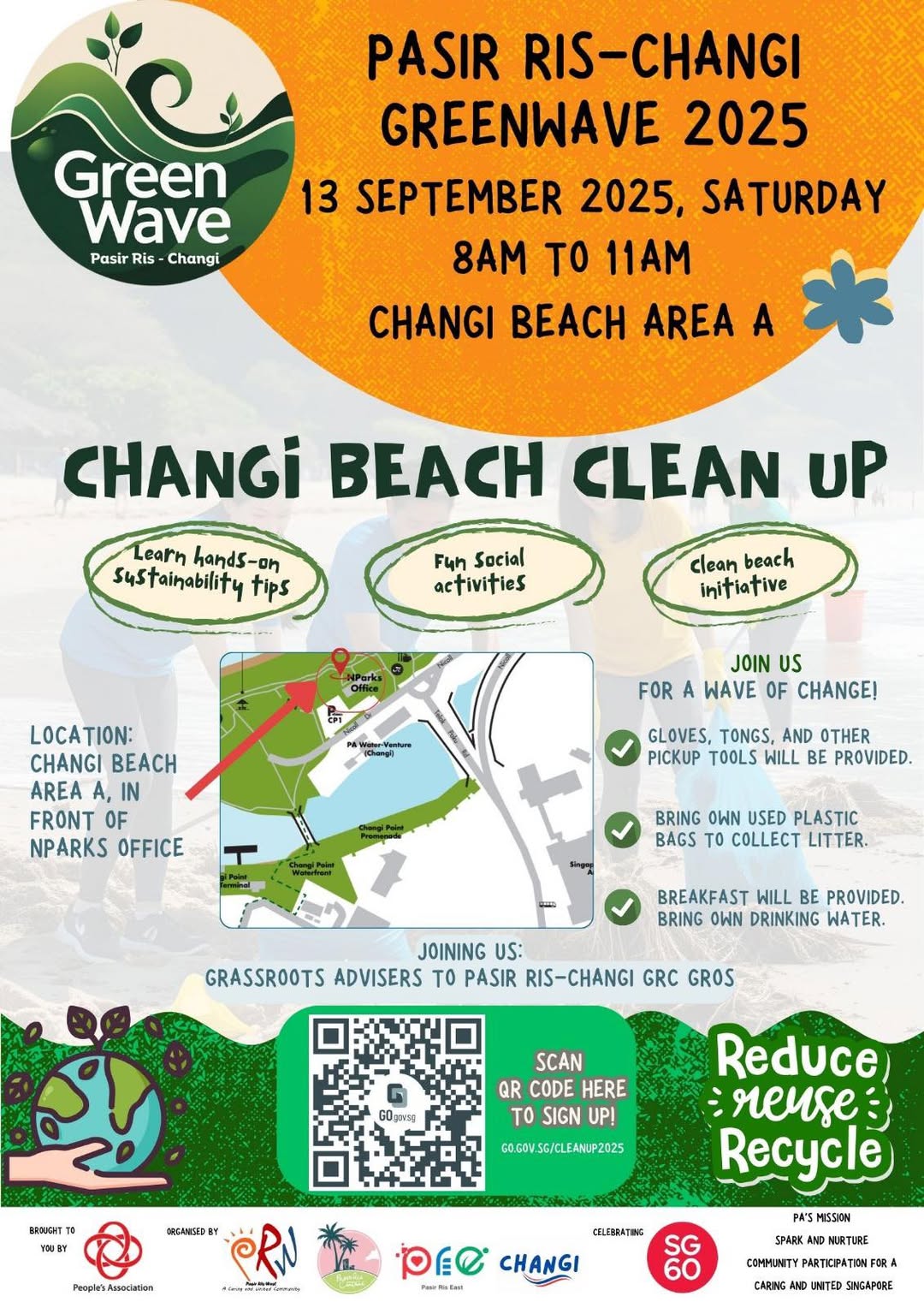 Volunteers gathering litter on a clean beach at sunrise.