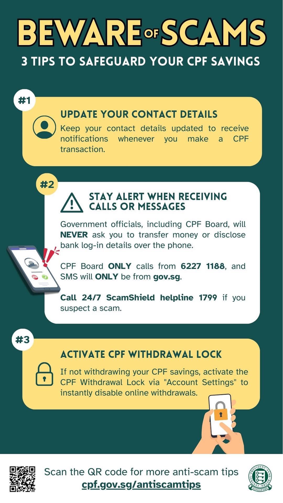 A person looking at a phone screen with a warning sign, symbolizing vigilance against digital scams.