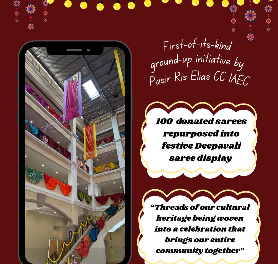 Community volunteers arranging saree decorations for Deepavali