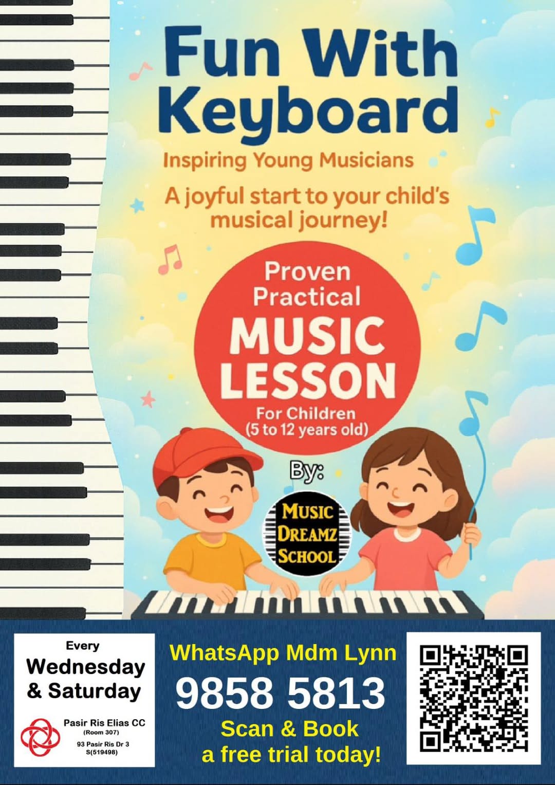 A child happily playing a keyboard, illustrating fun music lessons