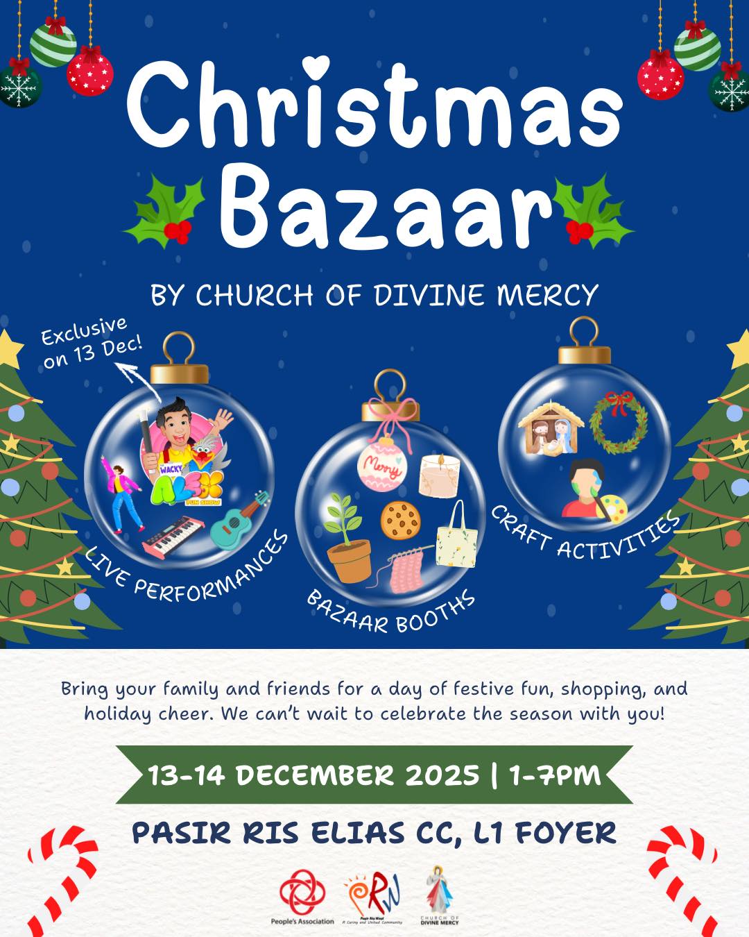 A vibrant Christmas Bazaar scene, featuring festive decorations, bustling shopping stalls, and people enjoying various activities.