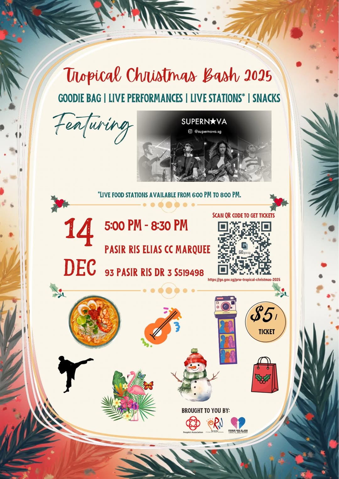 Promotional image for the Tropical Christmas Bash 2025 event, featuring festive tropical decorations and happy attendees.