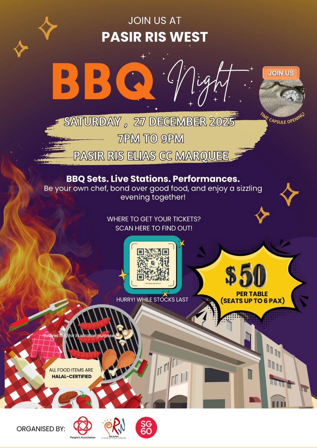 Families and friends enjoying a lively outdoor BBQ event with food stations and performances.