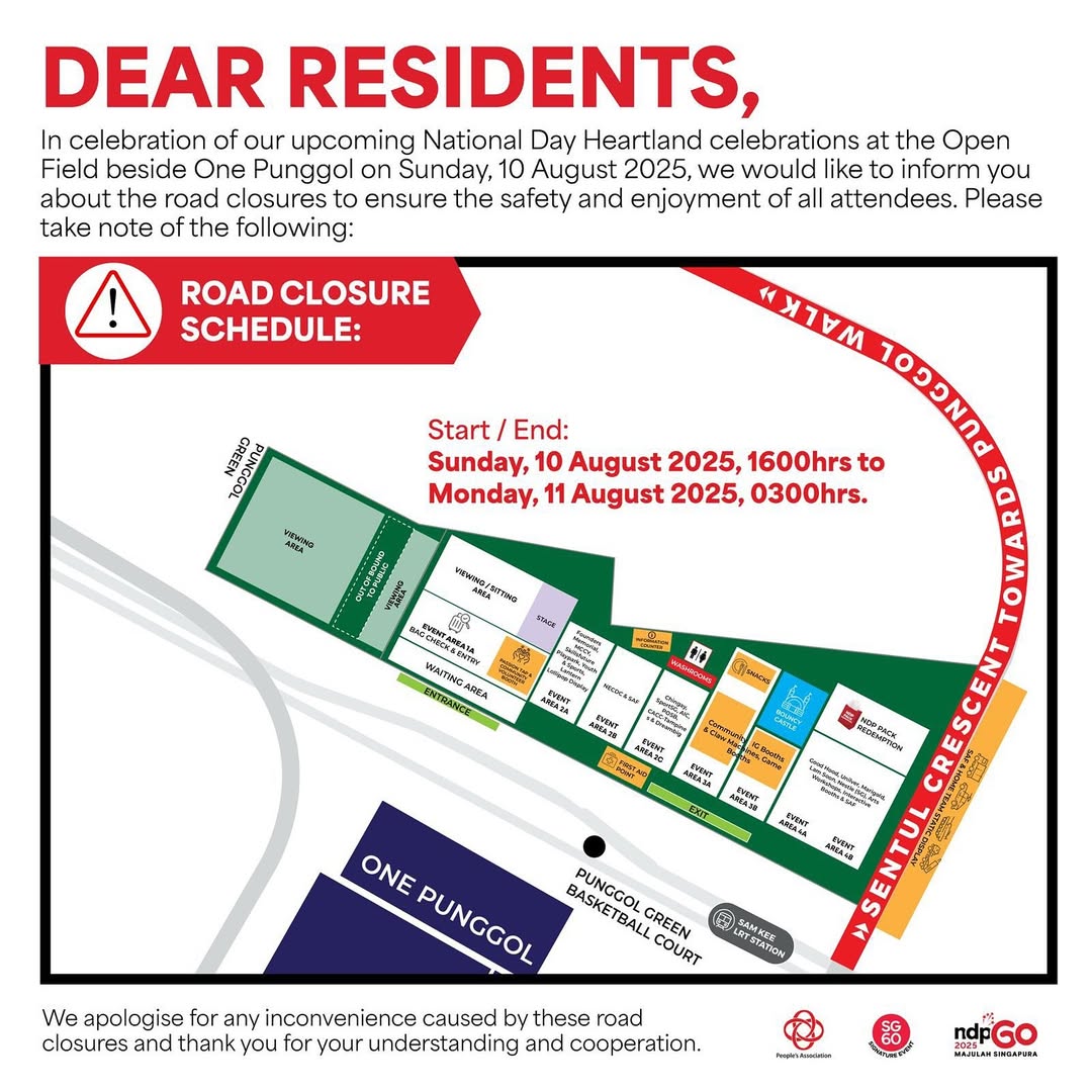 Map showing road closures near One Punggol for National Day celebrations