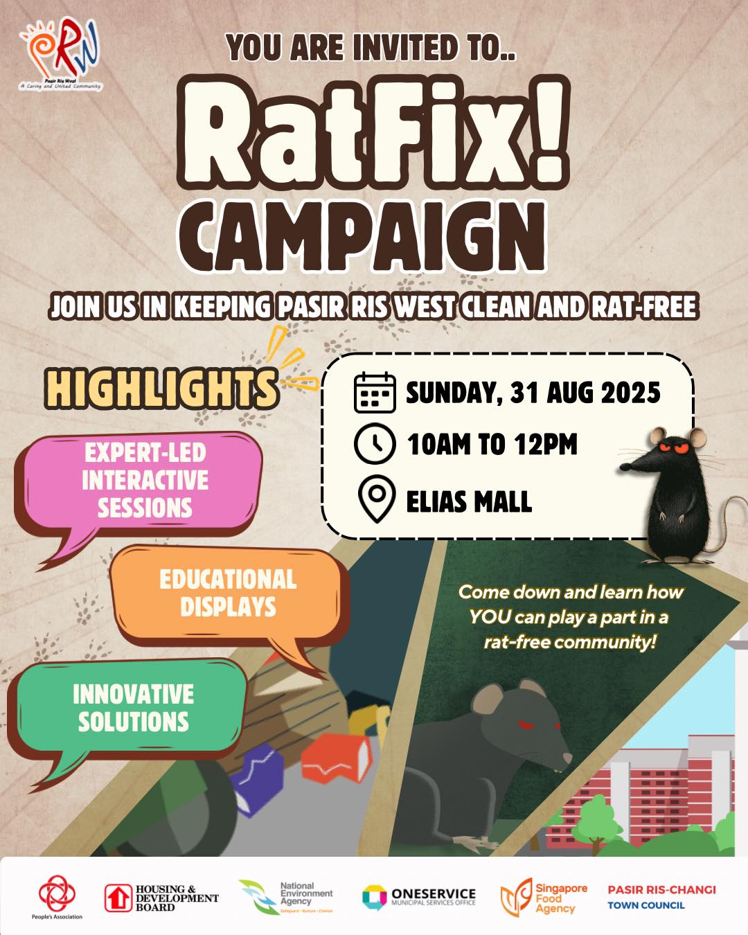 Residents gathered at Elias Mall for the RatFix! campaign launch, focused on community cleanliness and awareness.