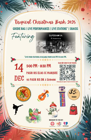 A vibrant tropical Christmas scene with festive decorations and happy people enjoying the celebration.